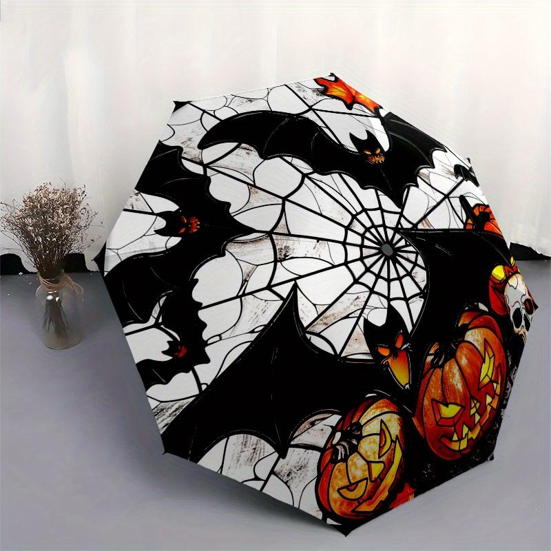Halloween Stained Window Decoration with Bats, Pumpkinsand SkullsUmbrella, Portable 3-Fold Compact Umbrella for Men & Women Gift