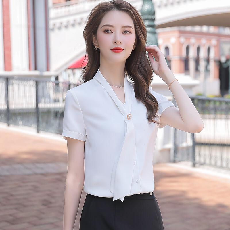 Women's Korean Style Short Sleeve Tie-Neck Blouse
