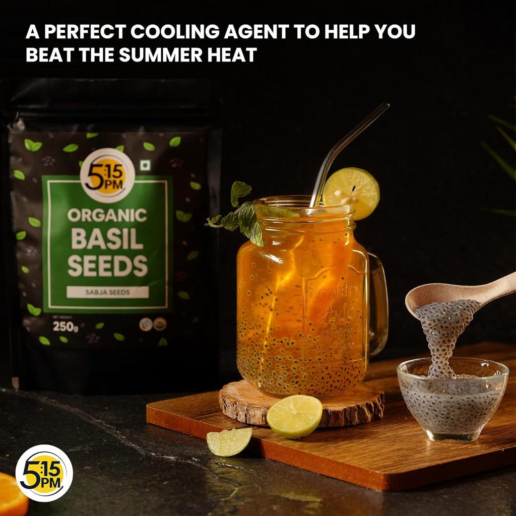 5:15PM Bio-Sabja-Samen 250g Packung 1 | Glutenfreie Basilikumsamen für Smoothies, Getränke & Desserts