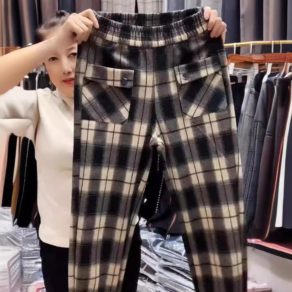 Women  Spring Autumn Korean Fashion Leggings Pants Clothes Vintage Plaid Casual Streetwear Harem Pants  Pocket Loose Trousers