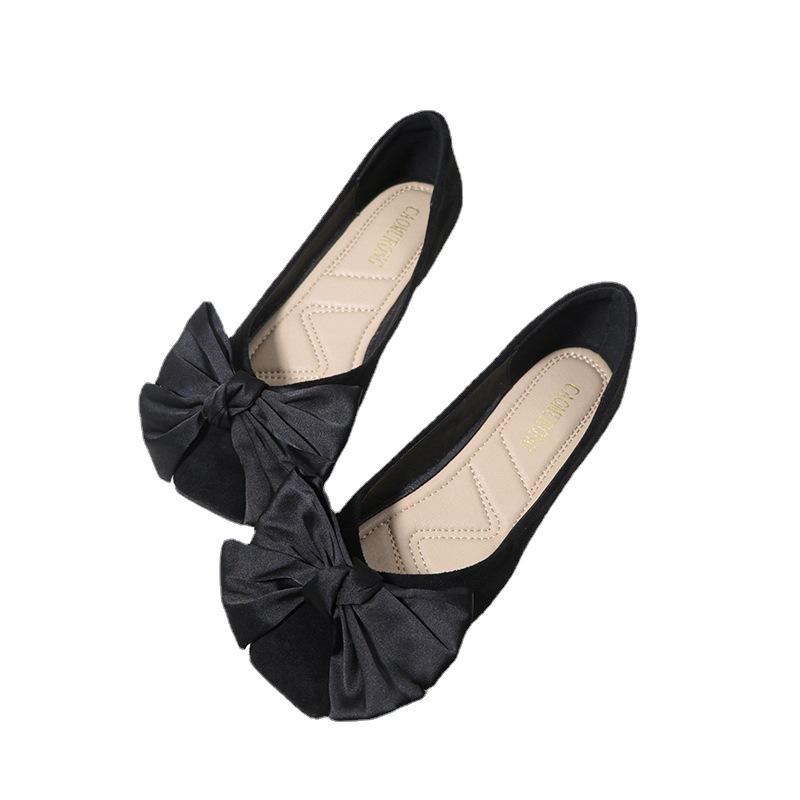 Fashion 2025 Big Silk Bowknot Flat Shoes Woman Suede Leather Slip On Loafers Spring Summer Shallow Mouth Bow Moccasins Big Size 43