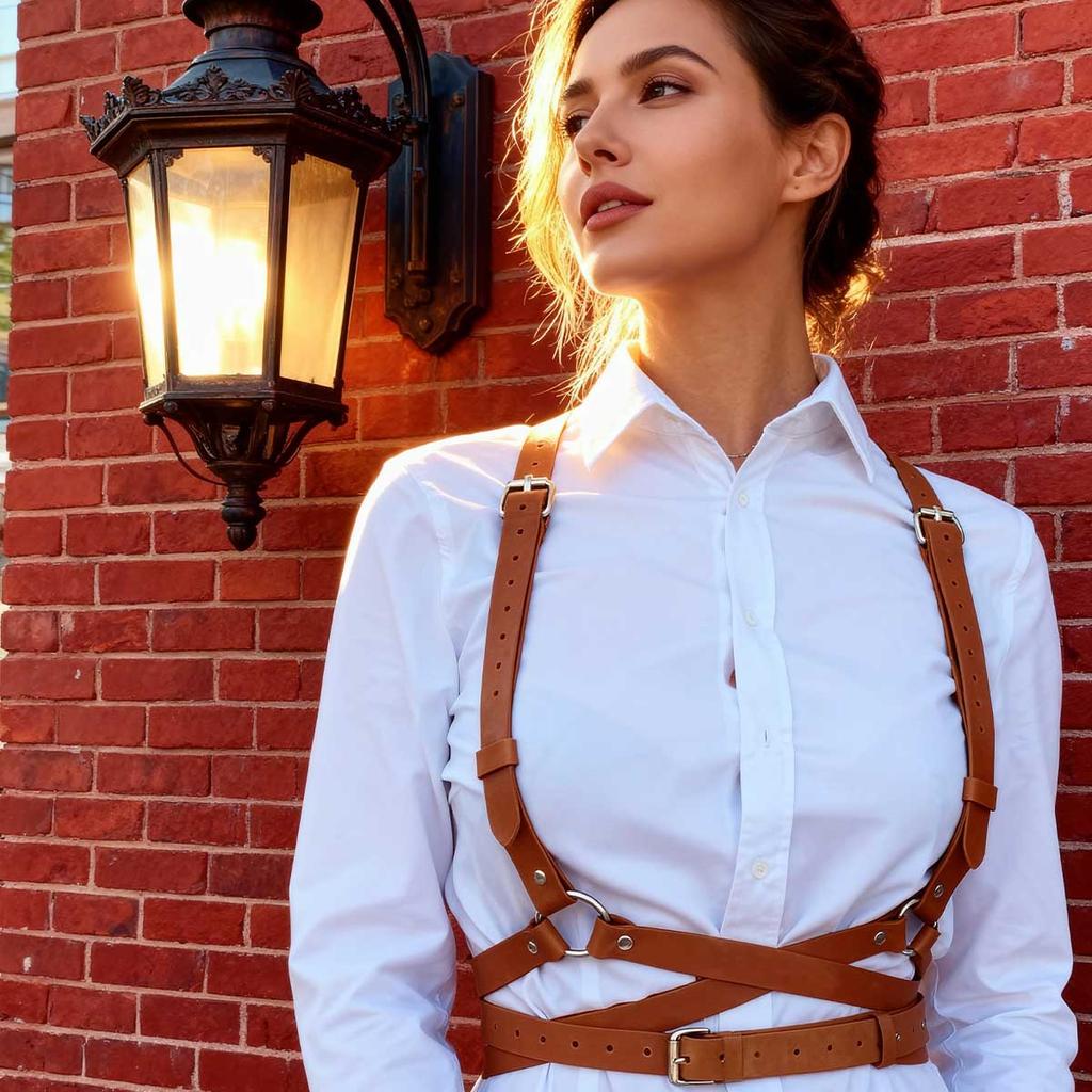Brown Leather Harness Women Body Chest Strap – Adjustable Fashion Accessories