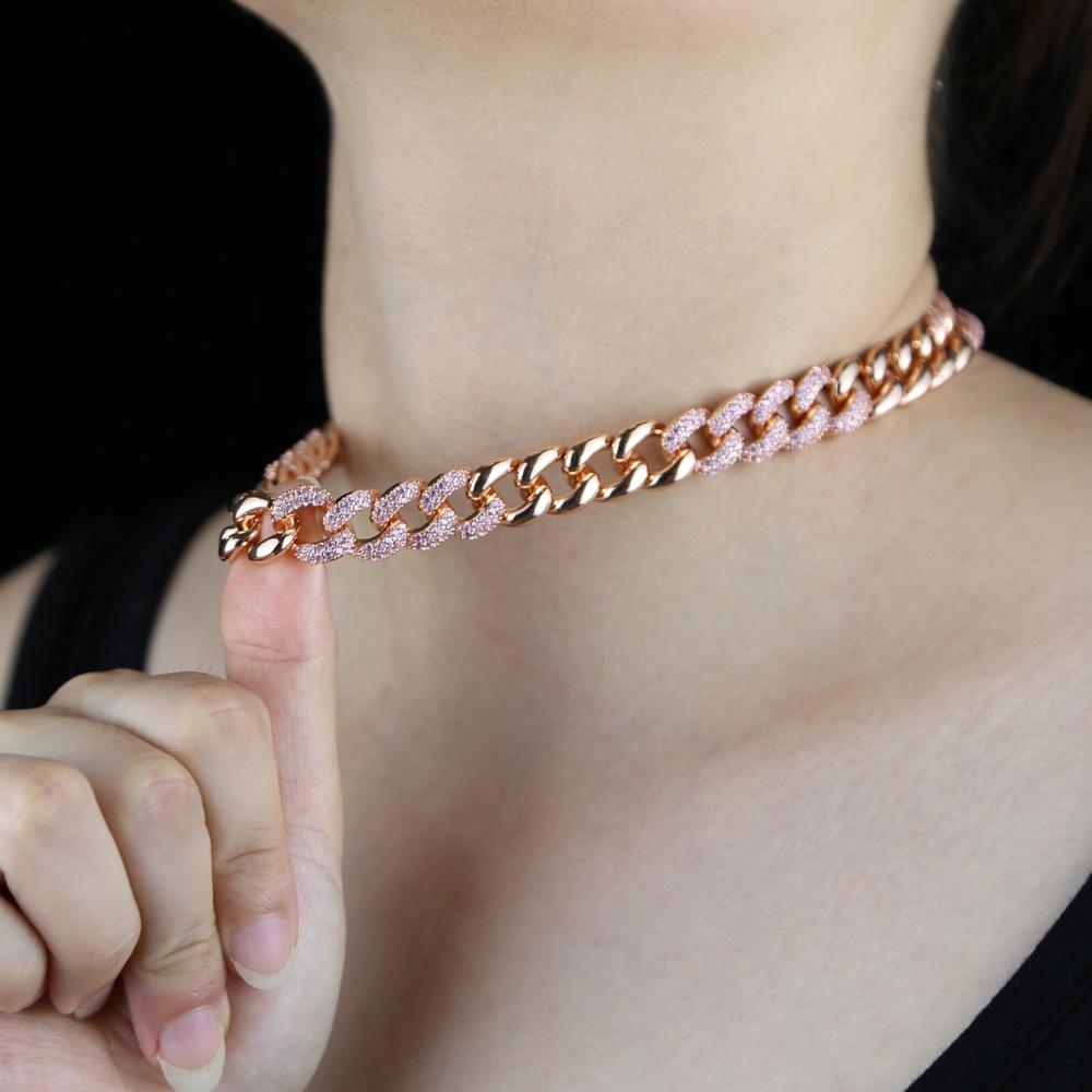 Angebot Neues Design Bling Kette Roségold plattiert rosa Zirkonia Miami Cuban Link Damen Halskette