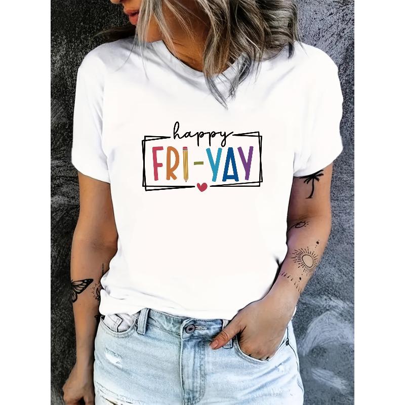 

Women s Happy Fri-Yay Graphic Tee Crew Neck Short Sleeve Colorful Letter Heart Print Lightweight Polyester Spring Summer Casual T-Shirt 4XL білий