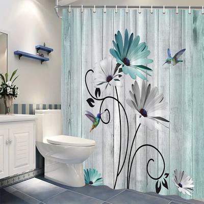1 Hummingbird Floral Shower Curtain-Vivid White and Light Blue Flowers with Black Swirling Vines, 70x70 Inches, Polyester Fabric