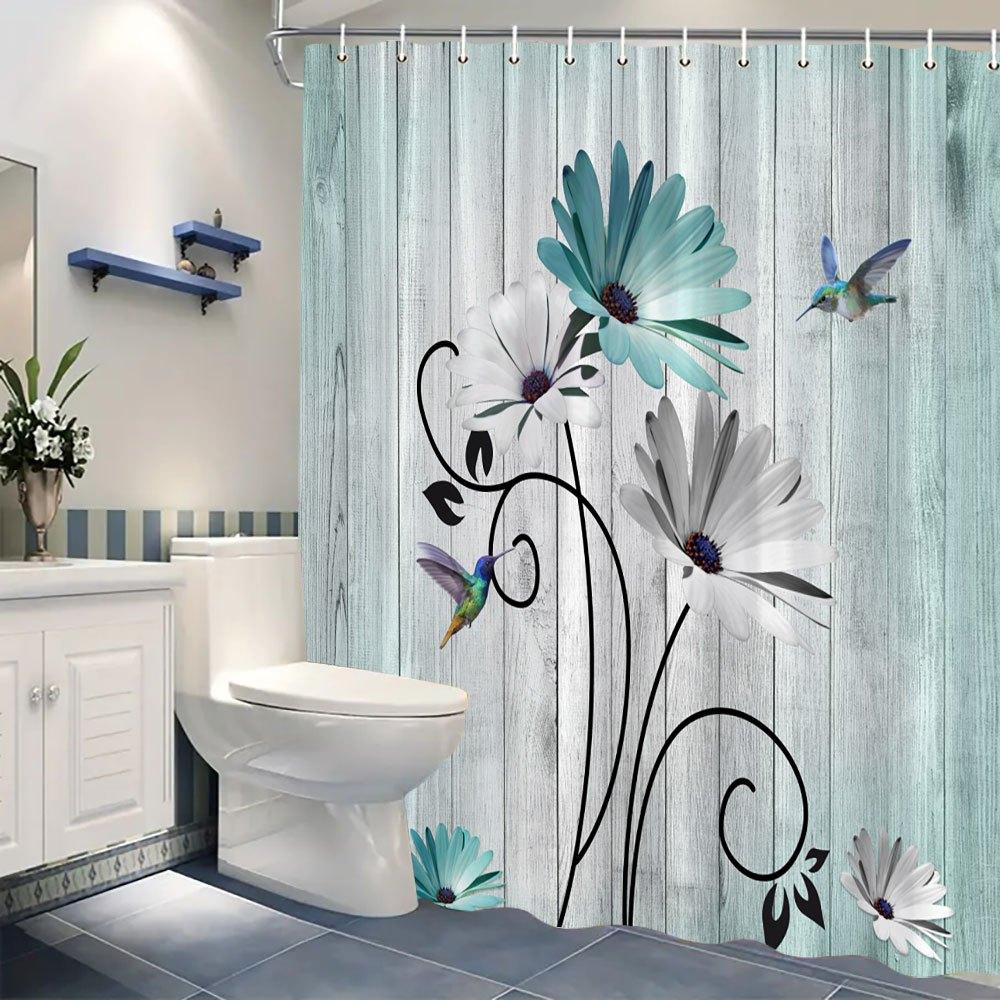 1 Hummingbird Floral Shower Curtain-Vivid white and light blue flowers with black swirling vines, 70x70 inches, polyester fabric
