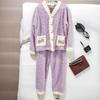 **Kadın Flanel Pijama Takımı Yuvarlak Yaka Jakarlı Uzun Peluş Kalın Sıcak Ev Giyimi**