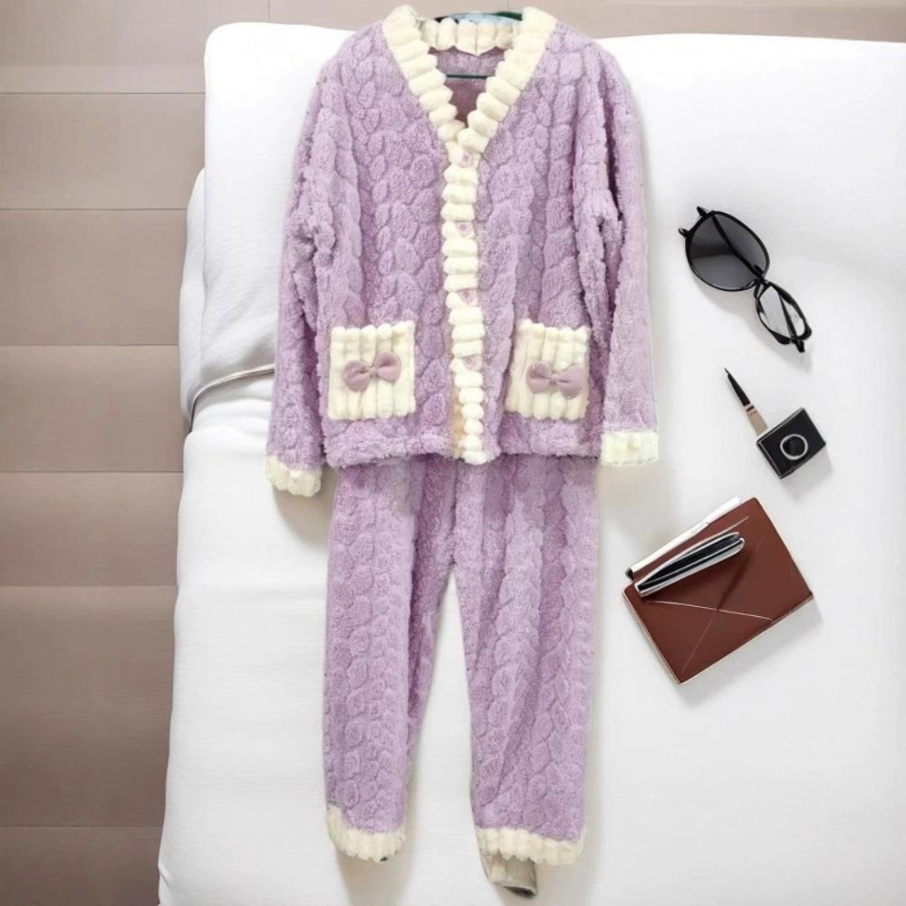 **Kadın Flanel Pijama Takımı Yuvarlak Yaka Jakarlı Uzun Peluş Kalın Sıcak Ev Giyimi**