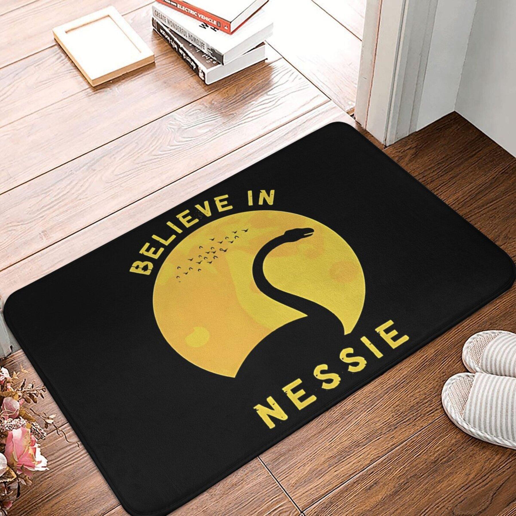 Black Mat with Mythical Nessie Illustration and  BELIEVE IN NESSIE  Text as Printed, Polyester Rug for Indoor Home Decor 1PC 40x60cm