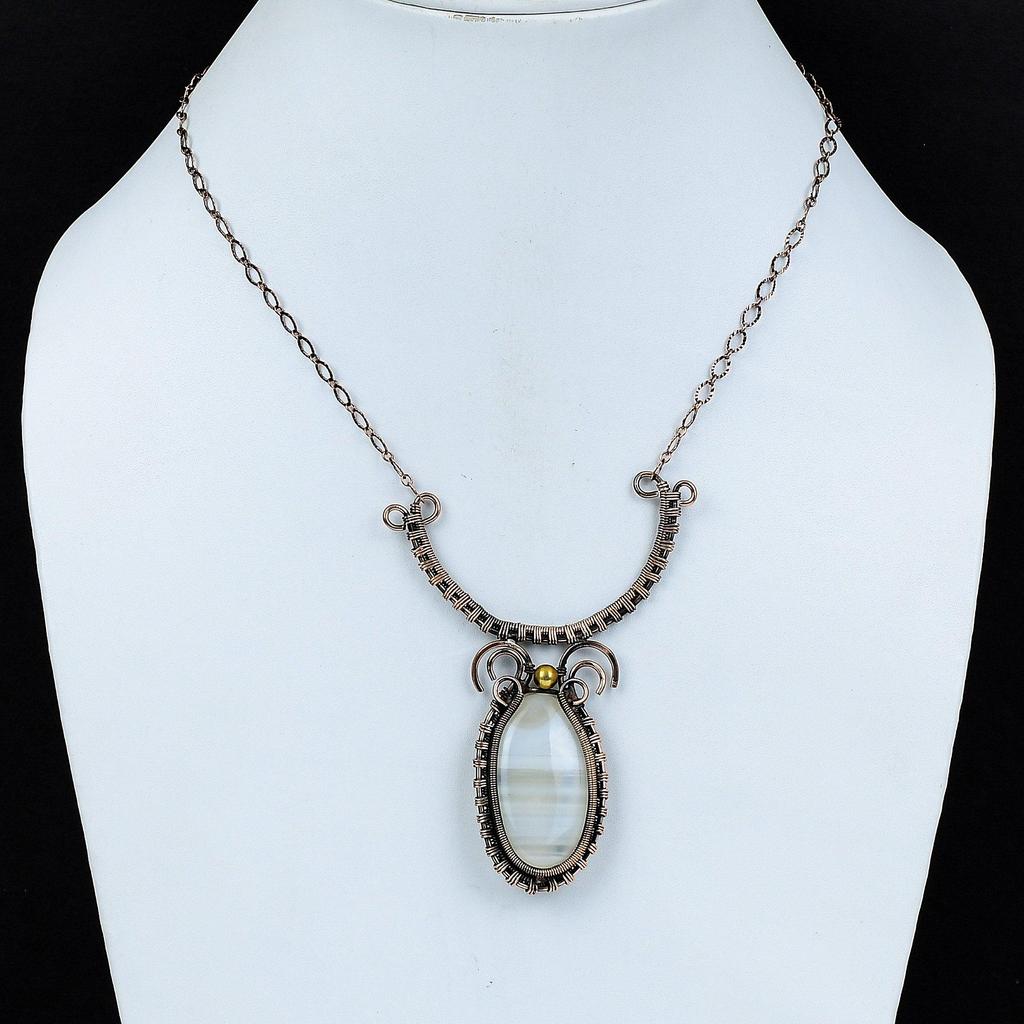 Botswana Agate Necklace Copper Wire Wrapped Necklace Handmade Jewelry Designer Necklace Adjustable Gemstone Necklace Copper Jewelry For Gift