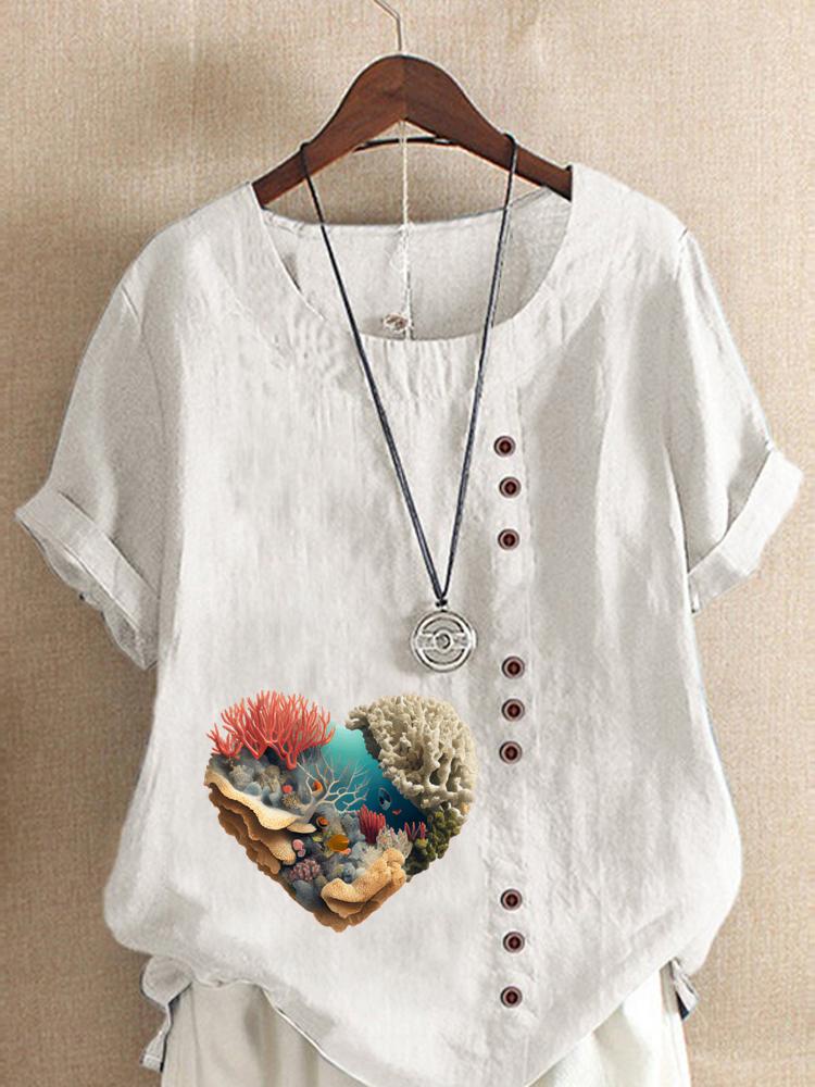 Women's Fashion Coral Heart-shaped Print Shot Sleeve T-shirt Loose Cotton Shirt Casual Loose Summer Blouse Tops Plus Size