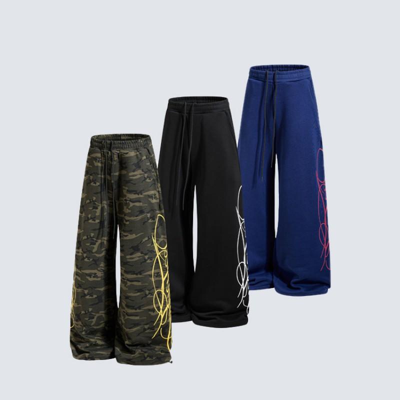 Amerikanischer Stil Bedruckte Weite Bein Jogginghose Unisex Kordelzug Elastische Taille Bodenlang High Street Lässig Fleecegefüttert Sport
