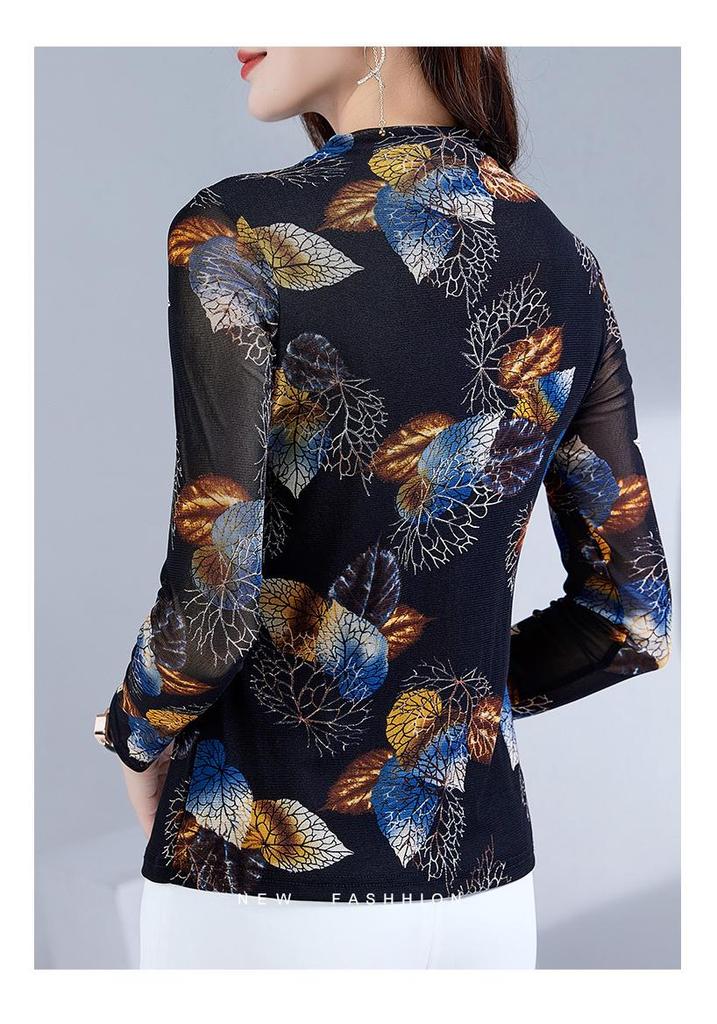 Versatile Printed Long-Sleeve Casual T-Shirt for Middle-Aged Women - Stylish Spring & Autumn Base Layer