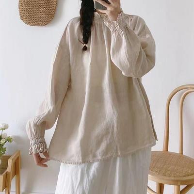 Linen Simple Women Tops Shirts Autumn Solid Color Loose Pullover Ruffles Sleeve Female Blouses