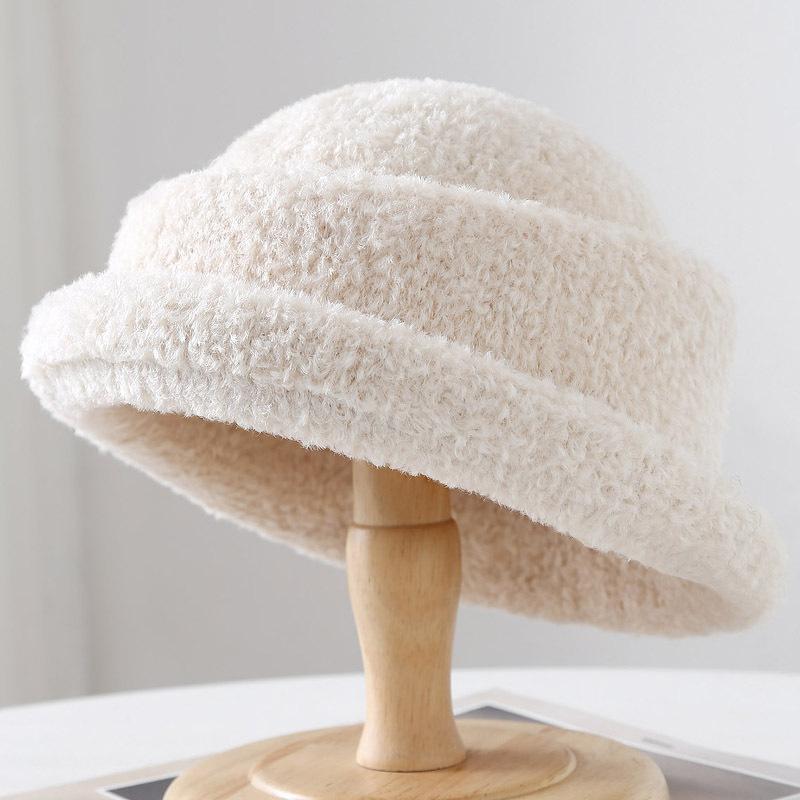 Solid Color Bucket Hat Autumn and Winter Women's Fashion Warm and Cold Basin Hat Light Plate Plush Rabbit Hair Blend Simple and Versatile