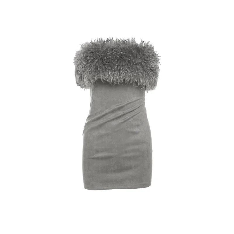 Sylcue Zimní Sestra Párty Zralé Sexy Upnuté Horké Krásné Elegantní Sladké Jemné Dámské Krátké Šedé Flokované Šaty