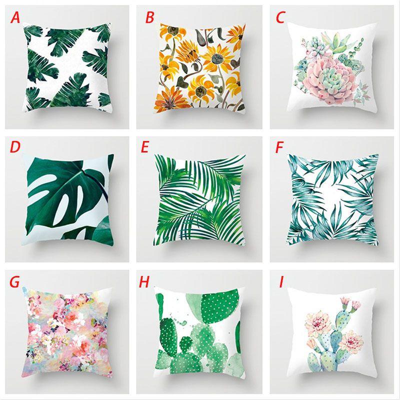 Elegant Green Tropical Plants Palm Tree Leaves Linen Pillow Case With Classic Design 18"x18