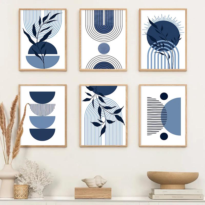 Set of 6 Blue Boho Leaves Canvas Painting Simple Lines Colour Block Nordic Modern Wall Art Home Bedroom Decoration Poster