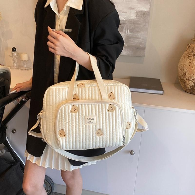 Fashionable Storage Pouch Case Large Bear/Flower Embroidery Mother Bag Portable Handbag with Multi Function Pockets