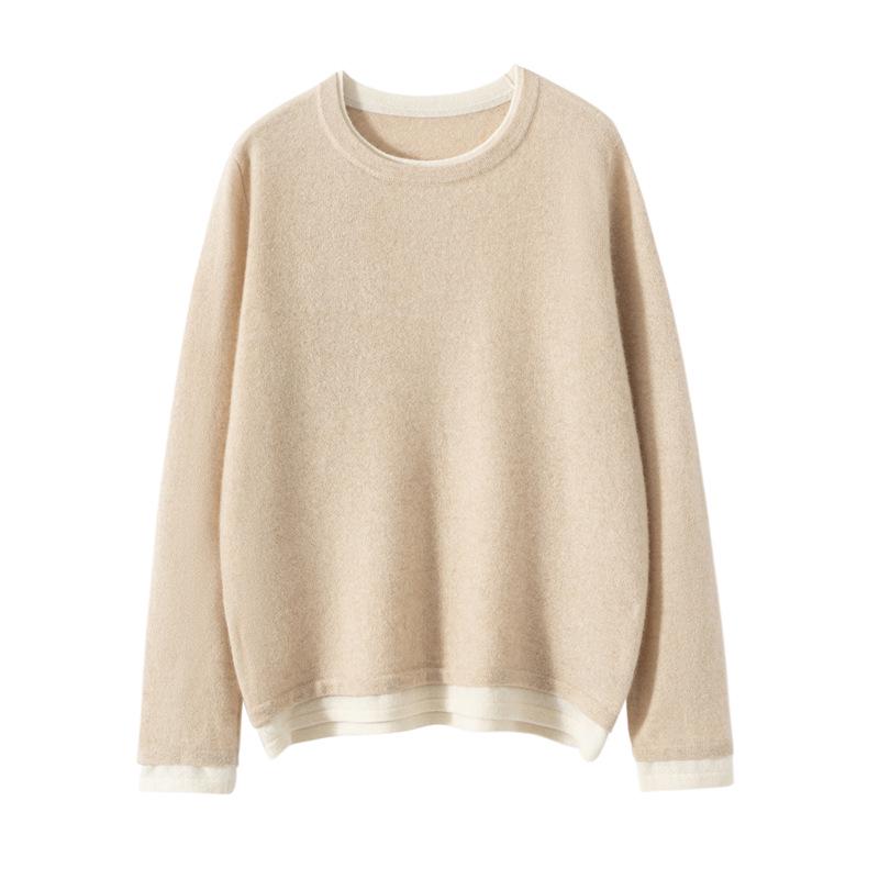 Pure Cashmere Color Block Round Neck Knit Sweater - Women's Long Sleeve Loose Fit Base Layer for Fall/Winter