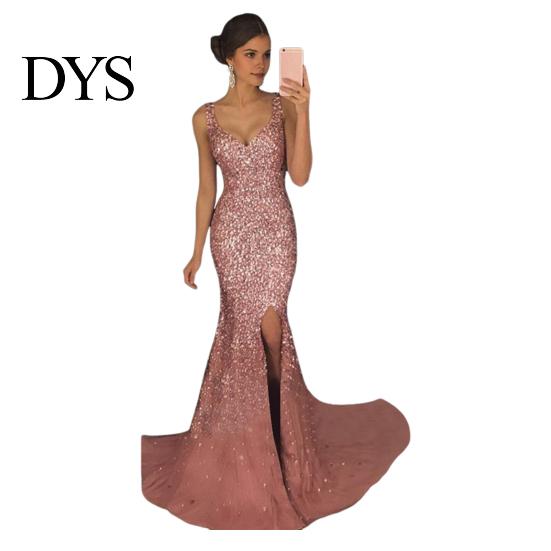 Women Fishtail Hem Dress Evening Deep V Neck Split Sequin Skinny Back Embellished Zipper Closure Sleeveless Prom Cocktail Party Floor Length Ball Gown