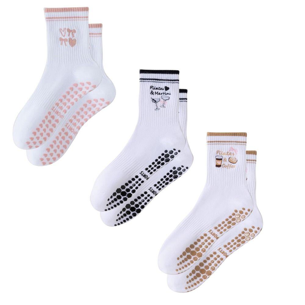 New Cotton Pilates Socks Harajuku Street Sweat-absorbent Cherry Embroidery Socks Casual Non-Slip Grip Mid Tube Socks