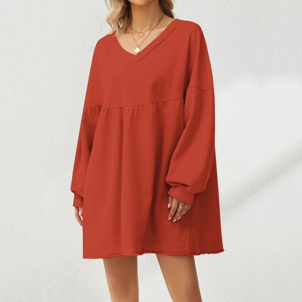 Women's Fashion Casual Large Solid Color Sweatshirt V-Neck Long Sleeve Loose Dress