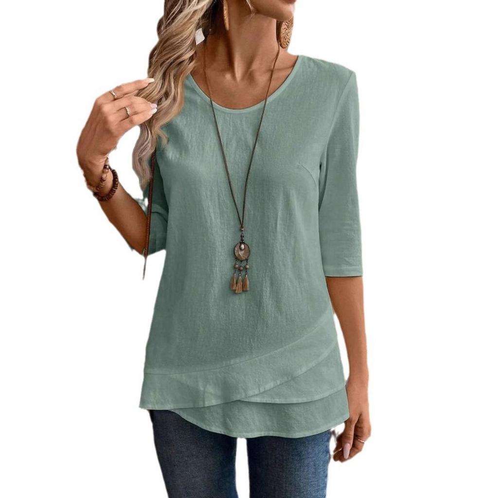 Ladies' Detail V-neck Patch Splicing Design Solid Color Shirt