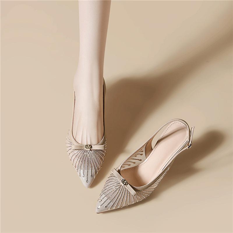 Leichte, luxuriöse Damenschuhe, vielseitige Oberbekleidung, ideal für den Frühling, bequeme Schuhe für den Arbeitsweg, atmungsaktiv, feiner Absatz, Mesh, Strass-High Heels
