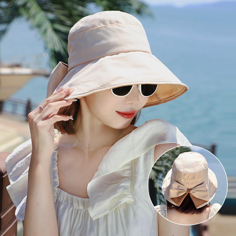 Sunscreen hat women's spring and summer UV protection sunshade bucket hat bow British eaves elegant versatile sun hat
