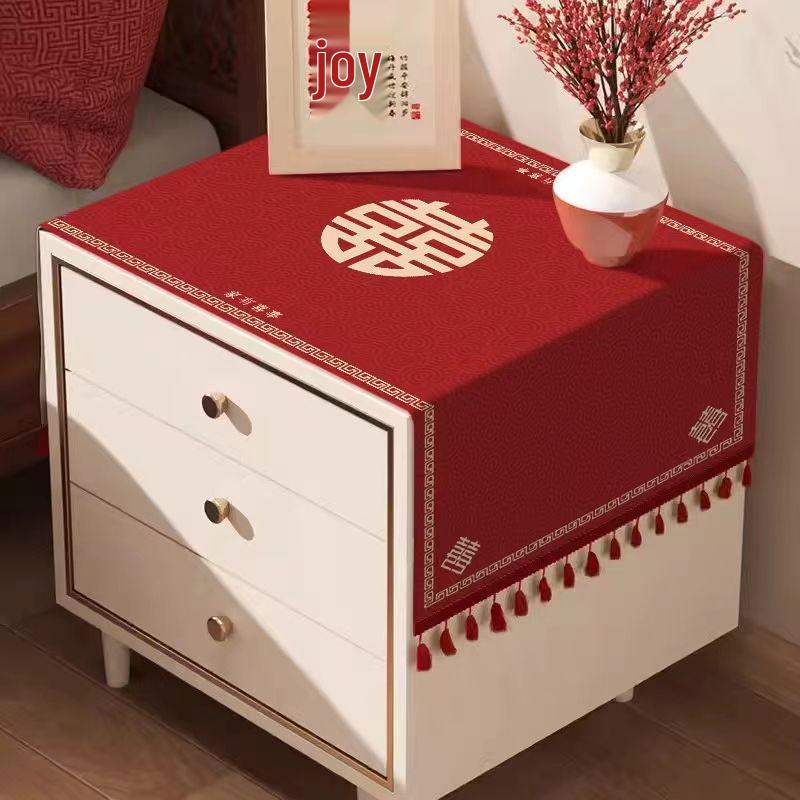 Claret Red Double Happiness Wedding Bedside Tablecloth