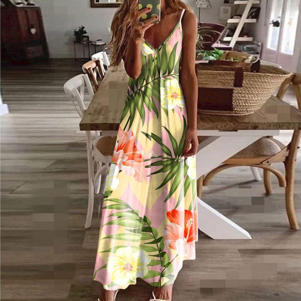 Casual Fashion Women's Sling Slim Fit Slim Long Swing Sleeveless Print Dress