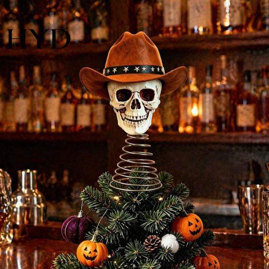 Creative Holiday Tree Topper Gothic Skull with Cowboy Hat, Vintage Western Christmas Skeleton Ornament for Halloween, Spooky Top Decoration Decorative