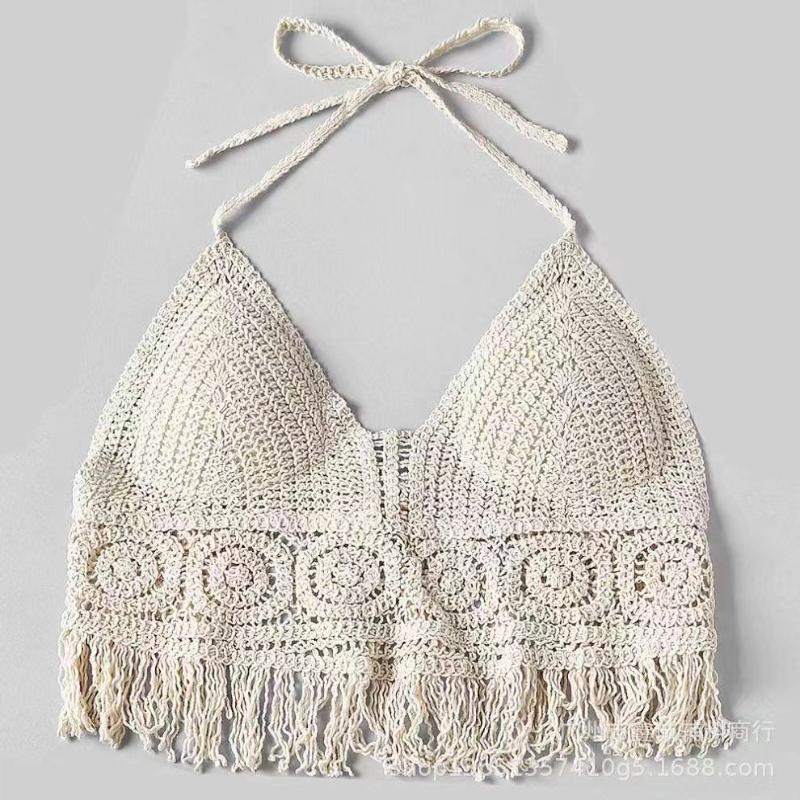 

Сексуальное открытое нижнее белье, женское летнее пляжное короткое топ на бретелях, женский милый вязаный бюстгальтер с кисточками, женский короткий топ Debardeur Femme 40-65kg бежевый