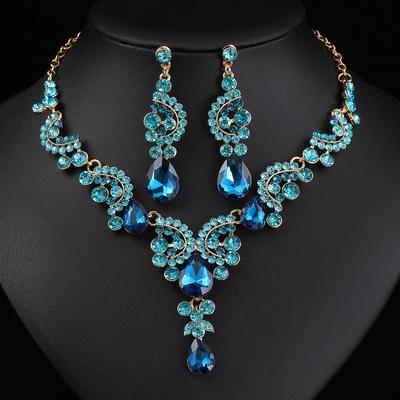 2 ks/sada Šperky Set Dámské Modré Elegantní Kapka Vody Kamínky Přívěsek Náhrdelník Náušnice Stud Svatební Šaty Nevěsta Šperky Set