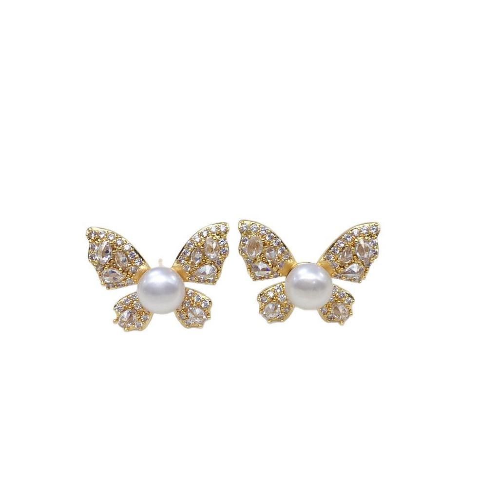 Zhuji Freshwater Pearl Stud Earrings – Women's Diamond Butterfly Design