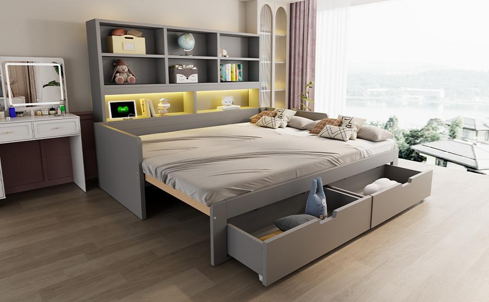 Wooden Sofa Bed 90/180 x 200 cm, Pull-Out Bed, LED Lighting, Youth Bed Frame With Sockets, Open Storage Compartments and Drawers, Grey
