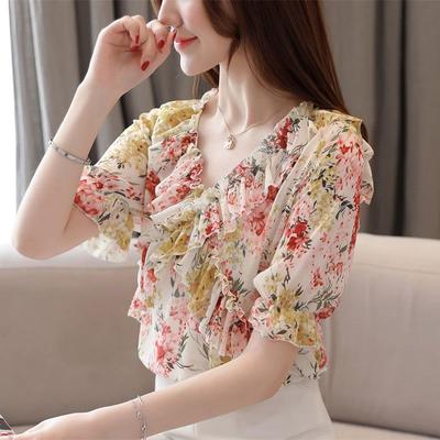 Chiffon-Hemd mit Blumenmuster für Damen, Sommer, neue Damen-Bluse mit kurzen Ärmeln, schulterfrei, Perlenbesatz, V-Ausschnitt