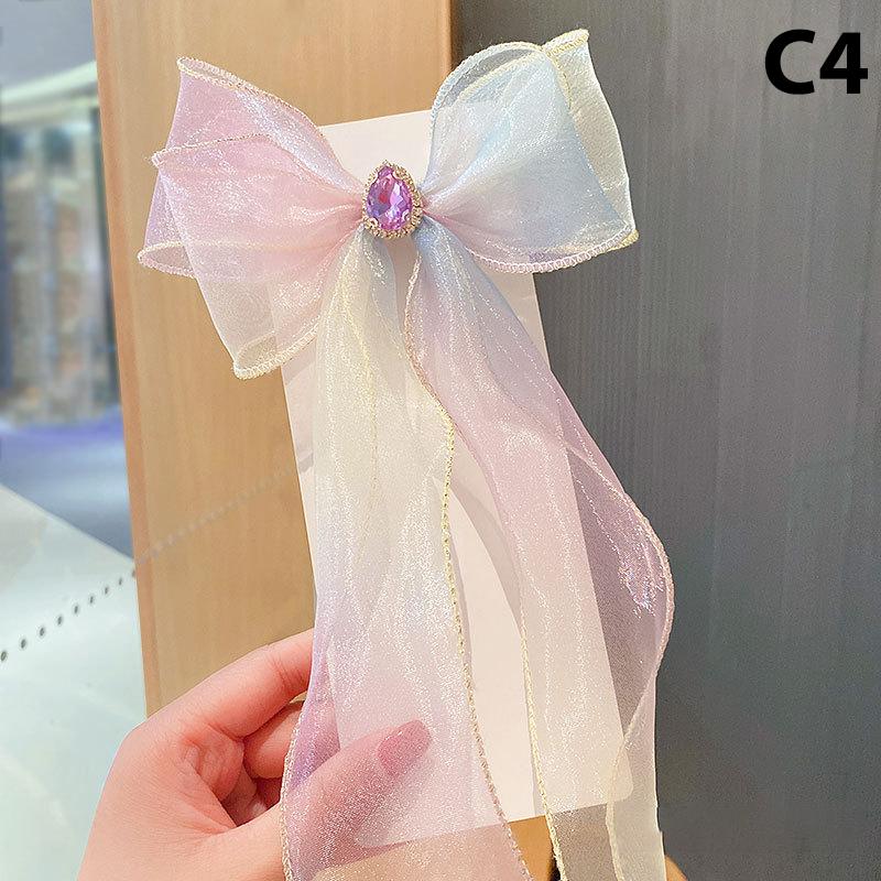 Girls Cute Elegant Mesh Bow Ribbon Hair Clip With Faux Pearl Tassel Crystal Decoration Colorful Chiffon Headwear For Party Kids