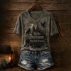 Women's Casual V-Neck Short Sleeve T-Shirt with Halloween Print and Shoulder