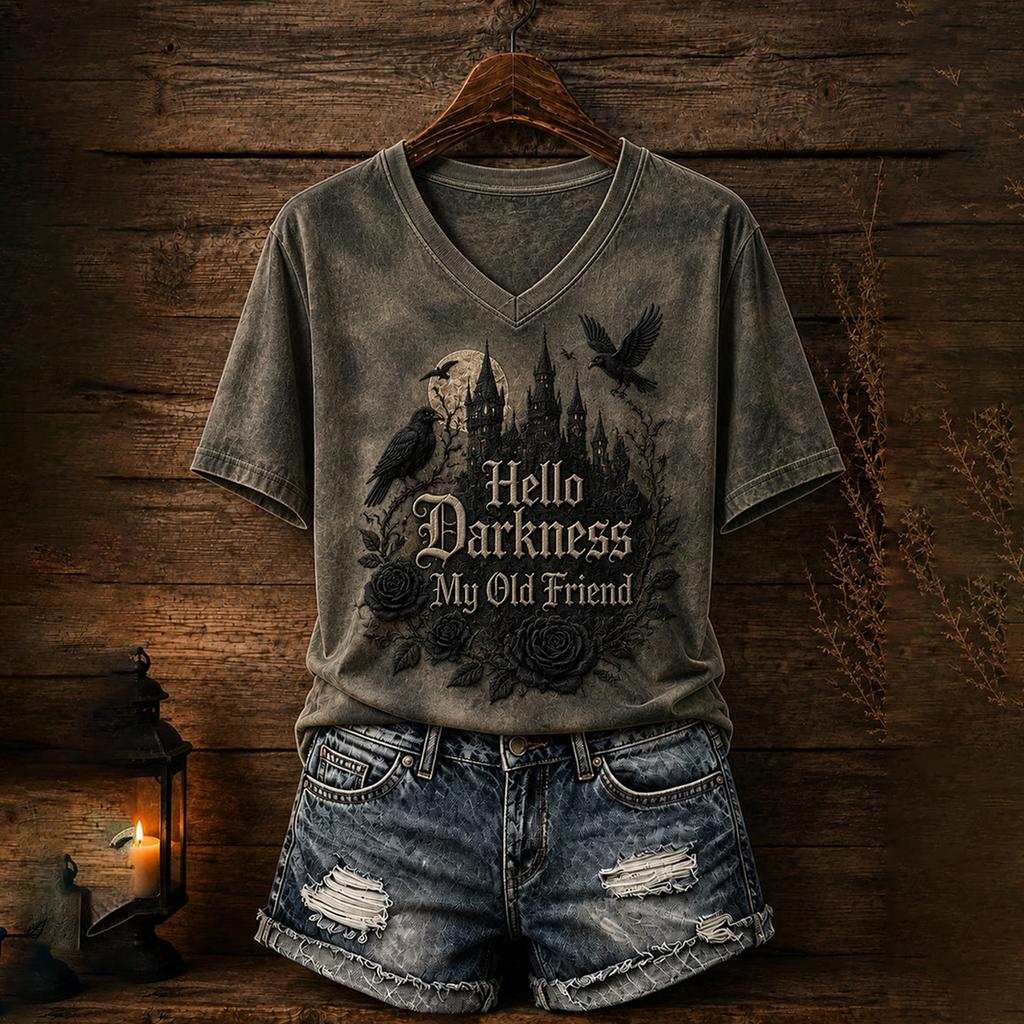 Women's Casual V-Neck Short Sleeve T-Shirt with Halloween Print and Shoulder