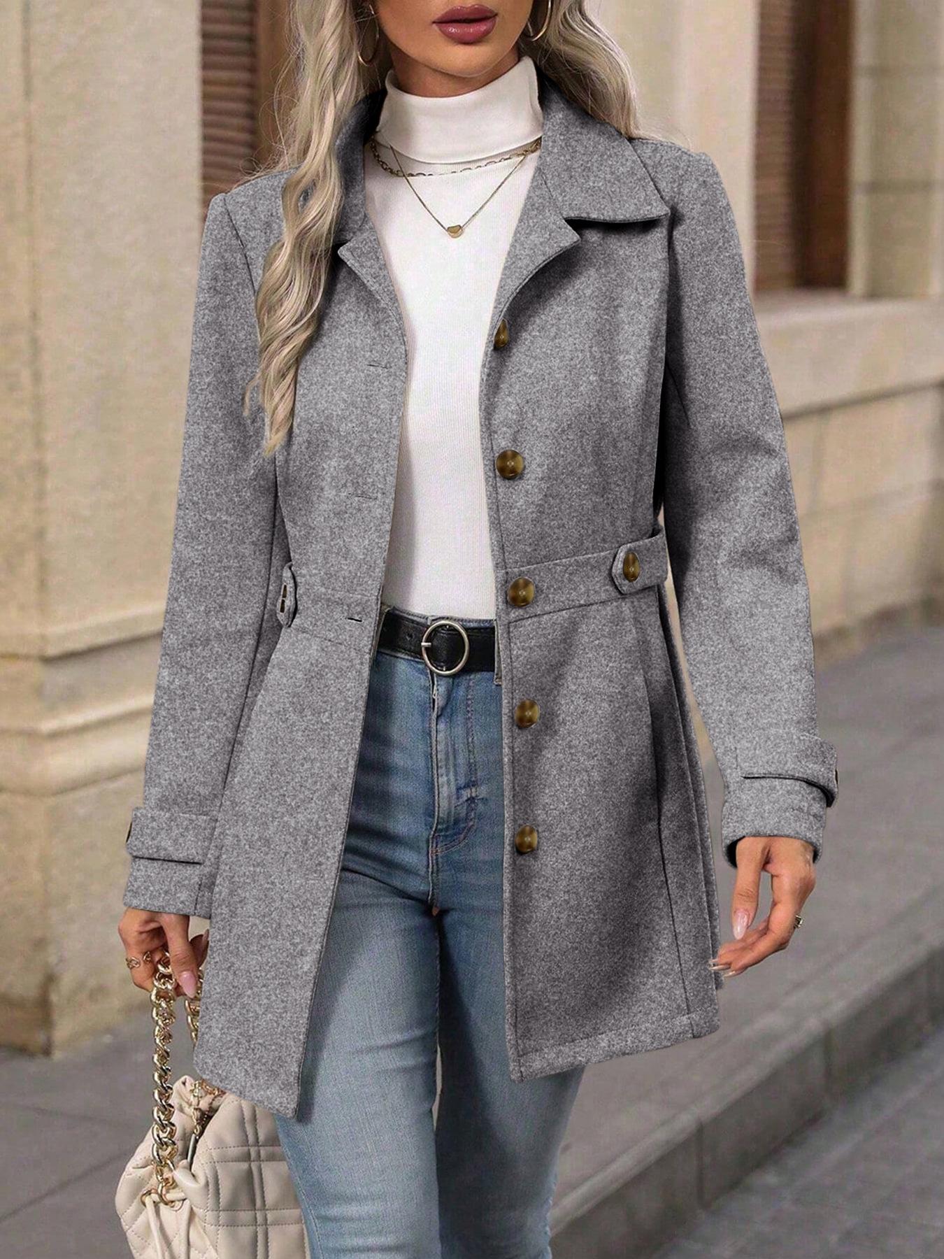 Damen einreihiger Trenchcoat mit Reverskragen, langen Ärmeln, Gürtel zum Binden, lässiger schmaler Wickelmantel L graue