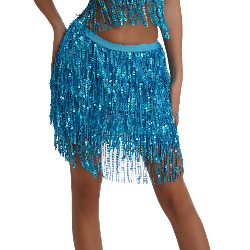 2025 Europäischer Halloween Bauchtanz Pailletten Quasten Rock - Sexy Perlen Performance Halber Rock Medium see-blaue