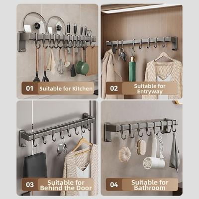 Aluminum Kitchen Organizer Hook Wall Mounted Non Punching Pot Lid Rack Space Saving Double Pole Kitchen Utensil Organizer