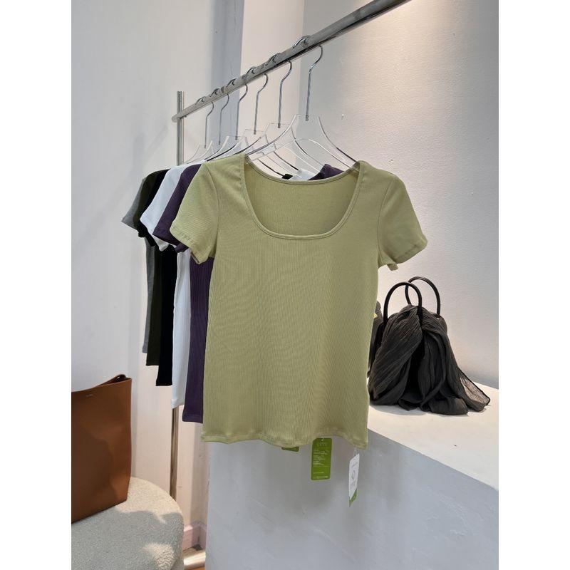 

Spring/Summer New V-neck/Square Collar Style] Thread Shoulder Flying Sleeve T-shirt Women s Silm Slim Looking Short Sleeve Pullover V Neck olive green L