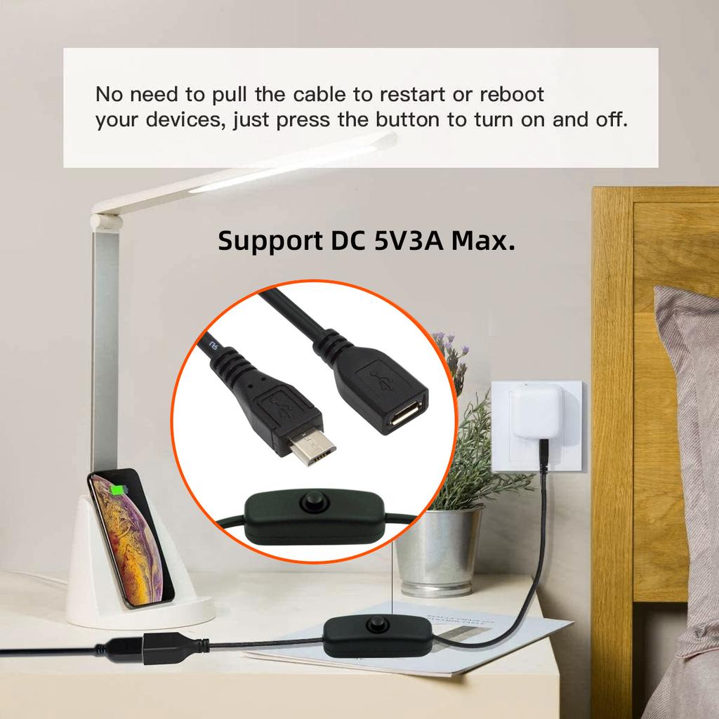 PW-012-MM Micro USB2.0 Cable with On/Off Power Switch Button Micro 5 Pin Male to Female for DC 5V Desk Lamp Fan Camera