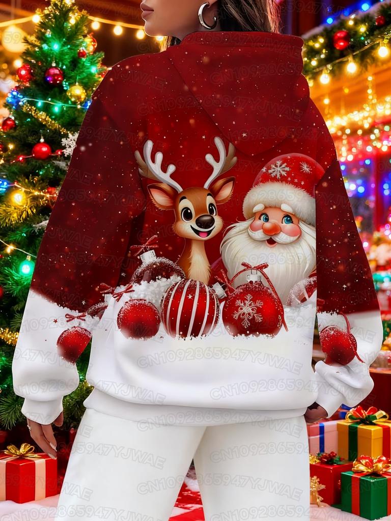 Autumn and Winter Women's Plus Size Christmas Santa Claus Print Hooded Sweatshirt Cozy Pullover Sweatshirt Holiday Outfits