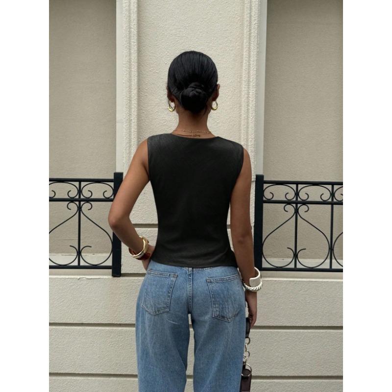 Damen Rollkragen Metallverzierungen Ärmellos Unregelmäßig Lässig Sommer Bluse Tanktop