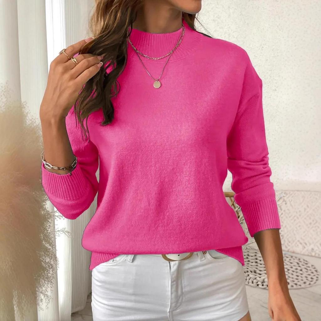 Women's Solid Color Loose Knit Pullover with Half-High Neck and Long Sleeves - Autumn/Winter Fashion Sweater.