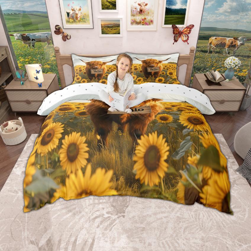 Homewish Highland Cow Duvet Cover Set, Chic Sunflower Bedding Set, Retro Farmhouse Lodge Cabin Quilt Cover Set